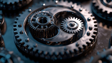 Intricate arrangement of metallic gears showcasing mechanical precision and engineering design. Opposite day concept