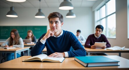 Wall Mural - Thoughtful Caucasian college student in study area background