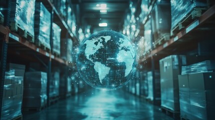 Poster - A digital globe is suspended in a warehouse, symbolizing global logistics and connectivity.