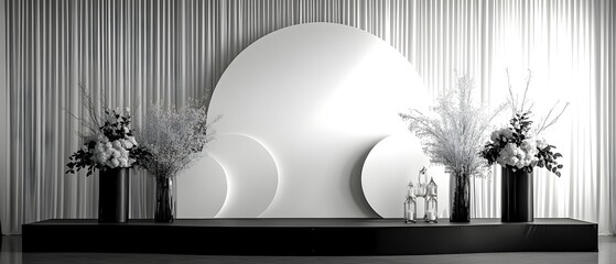 Poster - Elegant monochromatic backdrop with clean lines geometric shapes and minimalist floral arrangements creating a sophisticated and modern aesthetic for events displays or studio settings