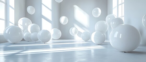 Poster - Minimalist and modern art installation featuring a variety of monochromatic air balloons in different sizes and shapes creating a cohesive and visually striking display in a bright