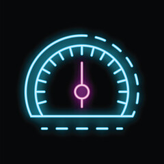 Poster - Glowing neon speedometer with an arrow moving upwards on a black background