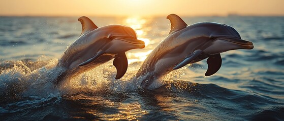 Two dolphins leaping out of the ocean under a bright, clear sky