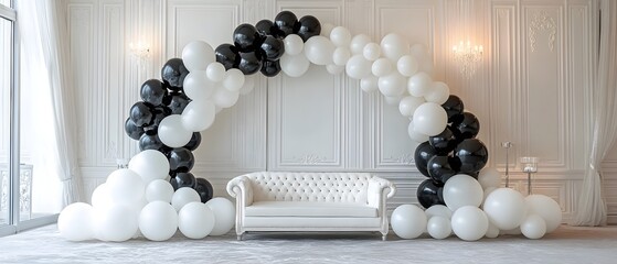 Poster - Monochromatic Balloon Arch Backdrop with Seamless Color Transitions and Modern Designs Creating a Refined and Elegant Setting for Events Weddings and