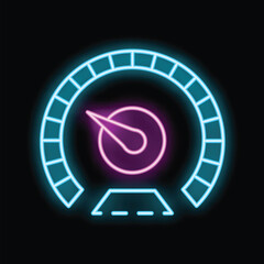 Poster - Glowing neon speedometer with an arrow moving upwards indicating increasing speed