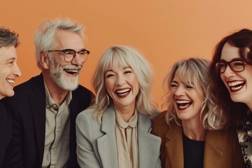 Canvas Print - Group of happy senior people standing together and laughing isolated on orange background