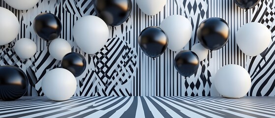 Poster - Sleek monochrome backdrop featuring a captivating arrangement of minimal geometric shapes and designs creating an elegant and celebratory party atmosphere