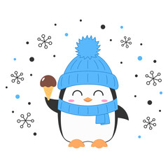 Wall Mural - Penguin character cartoon ice cream winter hat happy smile holiday snow cute vector illustration.