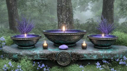 Mystical Forest Altar with Purple Flame Candles