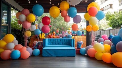 Poster - Vibrant and Playful Balloon Setup with Colorful Designs and Cheerful Atmosphere for a Fun Event