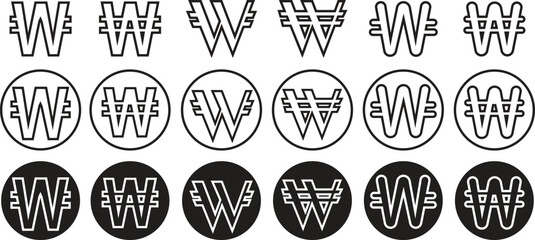Poster - Won currency icons vectors set in trendy line styles. South korea simple design illustration for business and graphic needs. concept futuristic financial technology isolated on transparent background.
