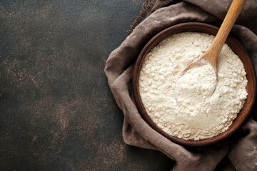 Bowl of flour with wooden spoon on dark background