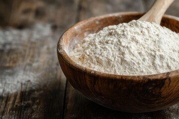 Wooden spoon resting in a bowl of white flour on rustic wooden table