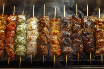 Meat and vegetable skewers releasing smoke while grilling for dinner