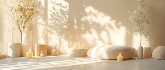 Poster - Aesthetically Pleasing Minimalist Monochromatic Decorative Setup with Soft Gradients Balanced Arrangement of Candles and Vases Creating a Calming and Harmonious Ambiance