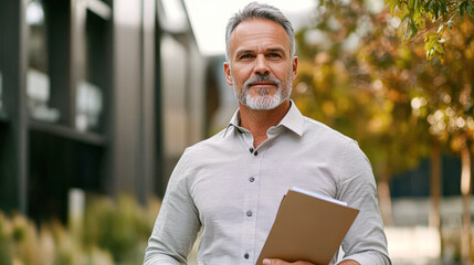 Canvas Print - A man with a white shirt and gray hair is holding a clipboard