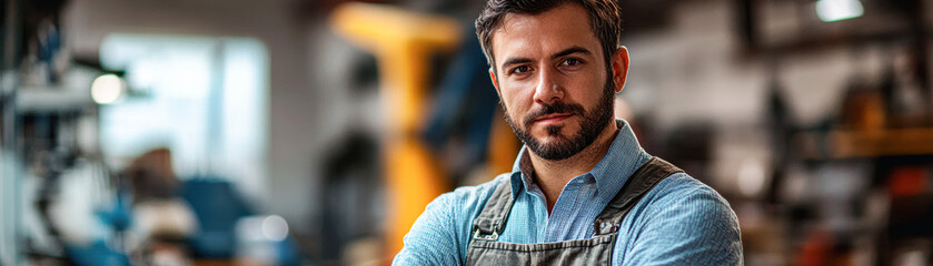 Wall Mural - A man in a blue shirt and apron stands in a workshop