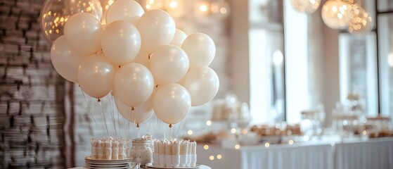 Poster - Elegant monochromatic air balloon display featuring a simple refined party decor setup using minimal elements to create a serene sophisticated and whimsical atmosphere for a special or event