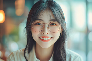 Sticker - A woman with glasses is smiling and looking at the camera