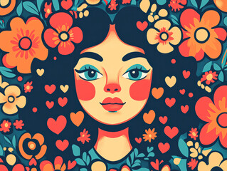 Wall Mural - A woman with a flowery headdress and a face full of hearts