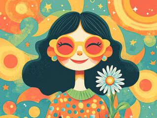 Sticker - A woman with a flower in her hand is smiling and wearing sunglasses