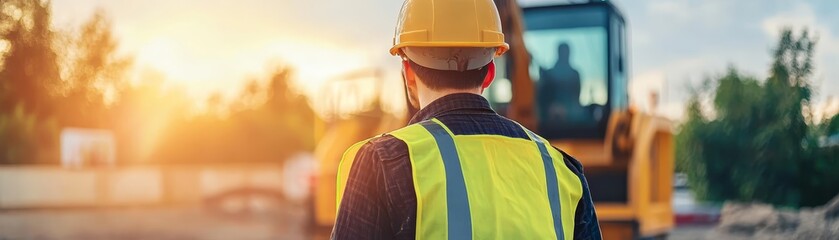 Construction Worker in Safety Vest and Hard Hat Looking at Excavator