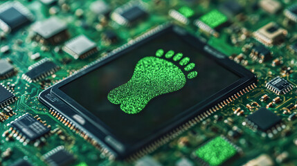 Canvas Print - A green computer chip with a foot print on it