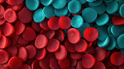 Magnified view of red and blue blood cells, showcasing their distinct colors and textures. This high contrast image highlights intricate details of these essential components of bloodstream