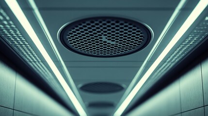 Poster - A perspective view of a modern corridor with ceiling lights and ventilation grilles.