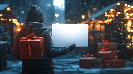 Poster - Photorealistic with side space for letters a woman in a cozy studio setting holding a blank white sign with presents and fairy lights around her capturing the essence of Christmas Stock Photo with