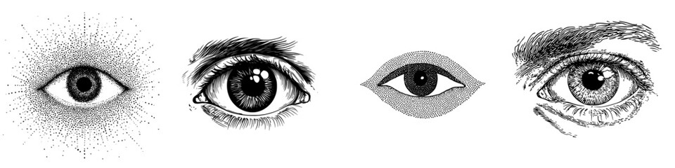 in this illustration in vintage photocopy style, an angry eye is shown with a stippling effect, for 