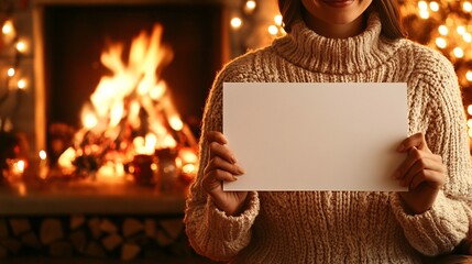 Poster - Photorealistic with side space for letters a woman holding a blank white sign in a studio featuring a traditional Christmas setup with a fireplace stockings and warm lighting Stock Photo with copy