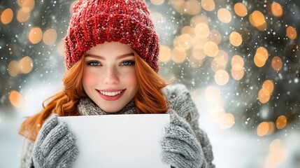 Aufkleber - Photorealistic with side space for letters a woman holding a blank white sign against a background of colorful holiday bokeh lights creating a dreamy festive feel Stock Photo with copy space