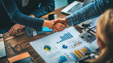 Poster - A business handshake over a table with charts and reports, indicating a partnership or agreement.