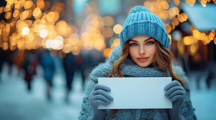 Poster - Photorealistic with side space for letters a woman holding a blank white sign with golden bokeh lights and sparkles in the background capturing the magic of the Christmas season Stock Photo with copy
