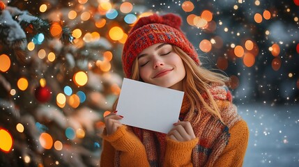 Poster - Photorealistic with side space for letters a woman holding a blank white sign in front of multicolored holiday bokeh lights emphasizing joy and celebration Stock Photo with copy space