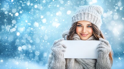 Poster - Photorealistic with side space for letters a woman holding a blank white sign with blue and silver bokeh lights in the background symbolizing a cool festive winter scene Stock Photo with copy space