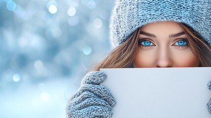 Poster - Photorealistic with side space for letters a woman holding a blank white sign with blue and silver bokeh lights in the background symbolizing a cool festive winter scene Stock Photo with copy space
