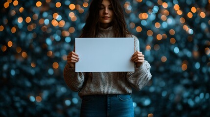 Poster - Photorealistic with side space for letters a woman holding a blank white sign with blue and silver bokeh lights in the background symbolizing a cool festive winter scene Stock Photo with copy space