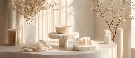 Poster - Minimalist monochromatic decorative setup featuring soft gradient tones a harmonious arrangement of ceramic vases candles and natural elements creating a visually striking and serene ambiance