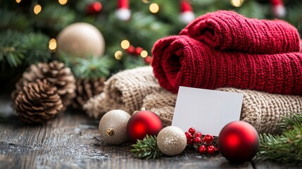 Poster - Photorealistic with side space for letters active athletes celebrating a holiday sale with a blank white sign in front of a Christmas tree and festive fitness gear Stock Photo with copy space