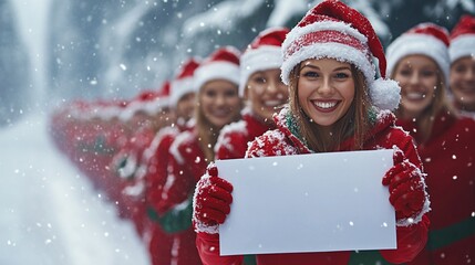 Poster - Photorealistic with side space for letters athletic friends in red and green sports outfits holding a blank sign while exchanging Christmas gifts Stock Photo with copy space
