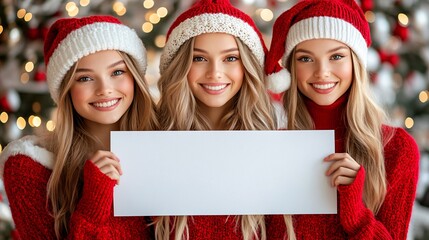 Poster - Photorealistic with side space for letters sporty friends in bright festive outfits holding a blank sign while enjoying holiday drinks in a gym setting Stock Photo with copy space