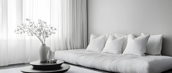 Poster - Monochromatic minimal bedroom interior design featuring clean lines sleek furnishings and a refined serene atmosphere  The space showcases a contemporary
