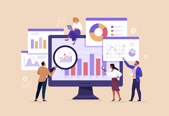 Aufkleber - Business Data Concept. Vector illustration in flat style of a large monitor with tabs displaying graphs, chats, and groups of people studying them. Isolated on background