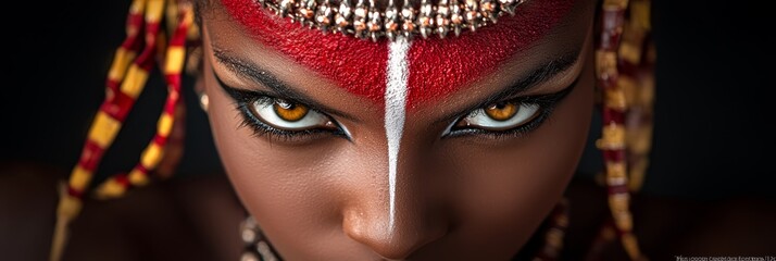  A women's face, tightly framed Red and golden hues dominate her makeup palette A distinguished white line adorns her forehead