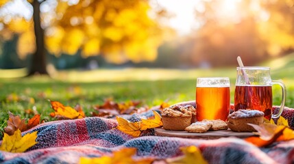 Aufkleber - Photorealistic with side space for letters outdoor picnic setup with warm blankets hot cider and an array of freshly baked autumnal treats surrounded by fallen leaves Stock Photo with copy space