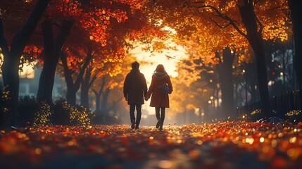 Poster - Photorealistic with side space for letters couple wrapped in warm coats and scarves walking down a tree-lined path covered in fallen red and yellow leaves Stock Photo with copy space