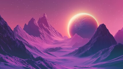 Wall Mural - Purple Mountain Range Under a Pink Sky and a Large Orb