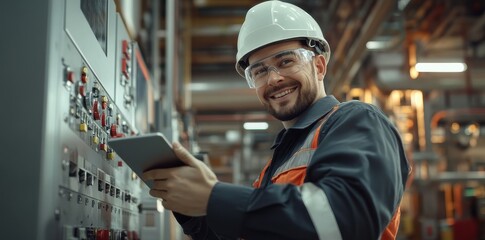 An engineer wearing safety gear and holding a tablet, inspecting machinery in a modern factory environment, showcasing industrial work.